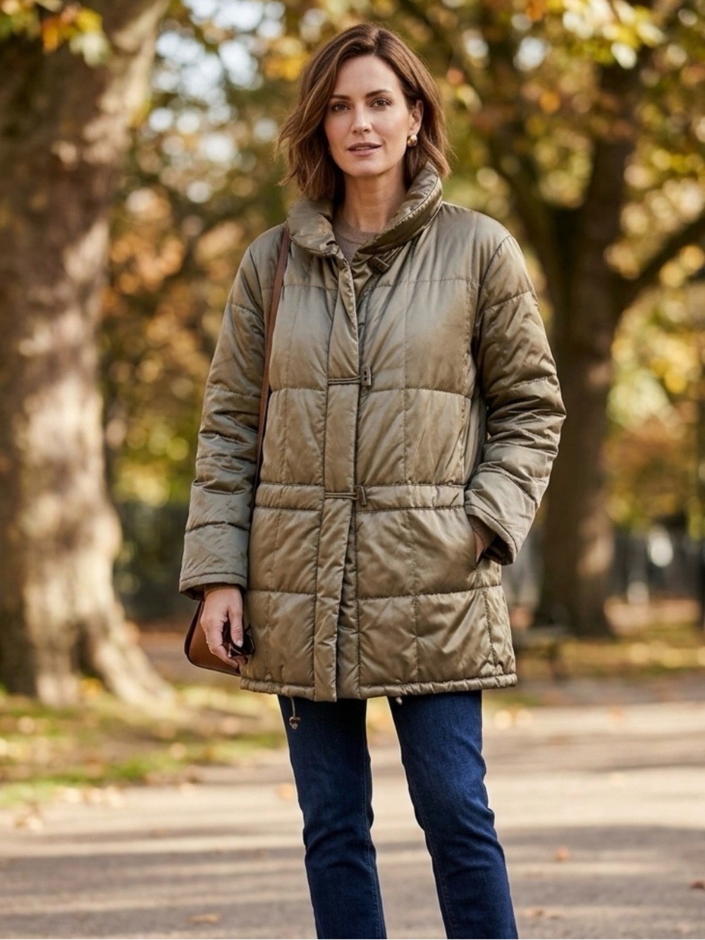 Iridescent Olive Green mid length quilted Puffer Coat